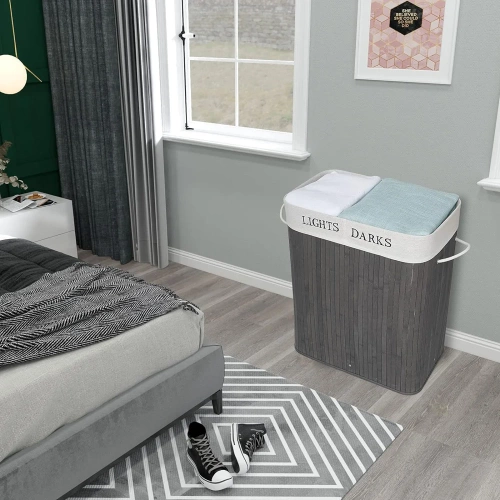 ZYL-100L-GRIS | Cesto de ropa gris | Contenedor de juguetes de bambú | Cesta de ropa de madera | Cesto de ropa sucia de dos compartimentos para el baño.