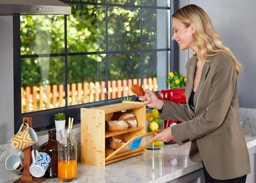 FC-B317 | Tascapane in bambù con ripiano | Contenitore per il pane Contenitore grande per pane, panini