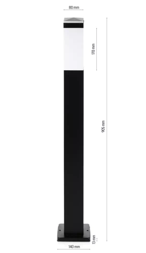 LLF-90CM | Álló kerti lámpa, négyzet alakú oszlop E27 izzóhoz | Tápegység 230V, rozsdamentes acél | Matt fekete, 90 cm
