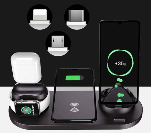 WD-01 | QI dock pro Apple iPhone Airpods Watch | 15W bezdrátová nabíječka | 3 konektory - USB-C / Lightning / Micro USB