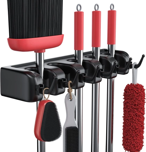 Supporto per mop, rastrelli e spazzole con ganci | 5 posti + ganci | Codice articolo: SL-005H