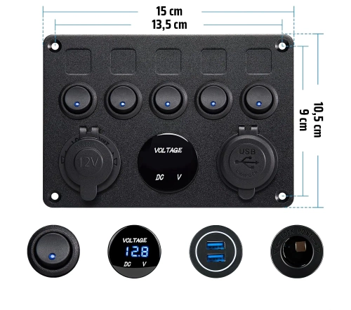 Control panel 12V 24V IP65 with USB | Control panel with illuminated switches | Dual USB charger 2.1 A / 5 V | Cigarette lighter socket 12V