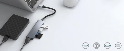 HUB | Rozbočovač USB-C pre 3x USB + SD + TF karty | adaptér, rozbočovač typ C 5v1