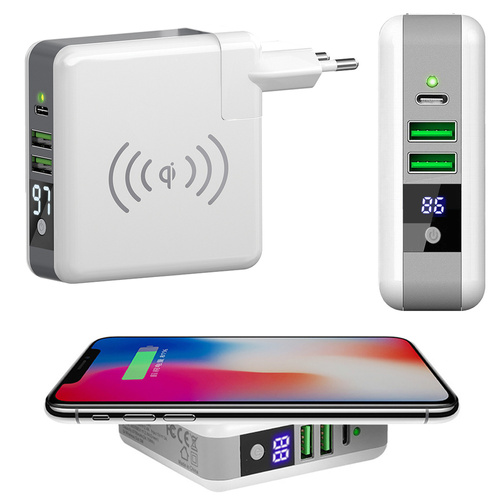 KP-Super | Multifunktionales Wandladegerät | 2x USB-A 1x USB-C | Powerbank 6700mAh | Qi-Induktionsladegerät