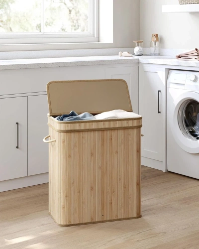 RYL-100L-LIBR | Houten, naturel wasmand | Bamboe speelgoedcontainer | Houten kledingmand | Wasmand met twee vakken voor de badkamer