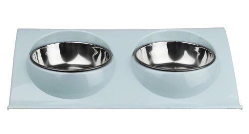 JDW-024-AZUL | Um conjunto de tigelas para um cão ou gato | Tigelas duplas de metal com suporte | Tigelas de aço para comida e água