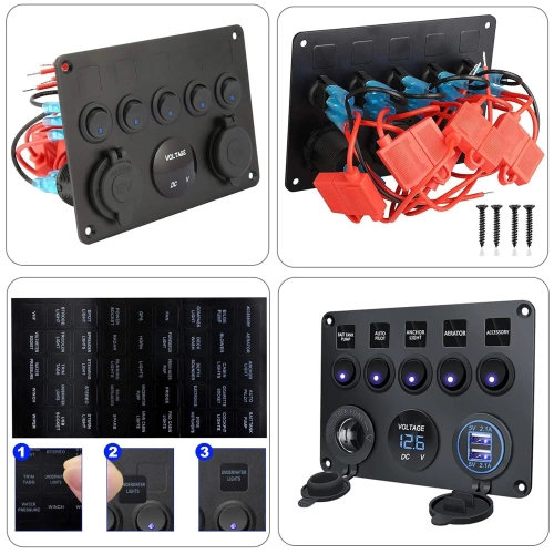 Pannello di controllo 12V 24V IP65 con USB | Pannello di controllo con interruttori illuminati | Caricabatterie doppio USB 2.1A/5V | Presa accendisigari da 12 V