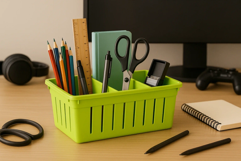 Зелен органайзер в банята, пълен с козметика и кърпи