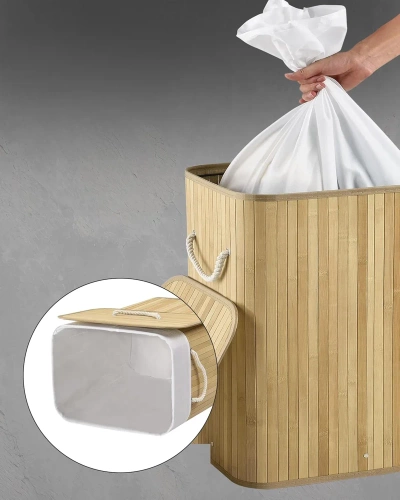 ZYL-100L-LIBR | Cesto para la ropa natural | Contenedor de juguetes de bambú | Cesta de ropa de madera | Cesto de ropa sucia de dos compartimentos para el baño.