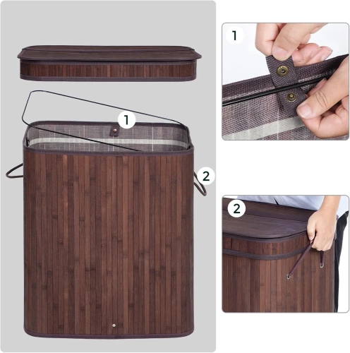 RYL-100L-DABR | Panier à linge marron | Conteneur de jouets en bambou | Panier à vêtements en bois | Panier à linge à deux compartiments pour la salle de bain