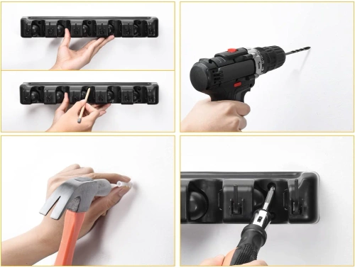 Holder for mops, rakes and brushes with hooks | 5 places + hooks | SL-005H