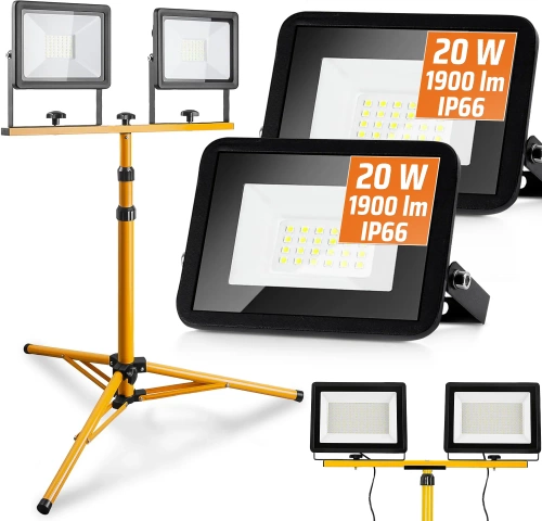 FLT-1,6M | 1,6 m Arbeitsständer für Flutlicht | Beleuchtungsset mit 2 Halogenlampen 10W mit Ständer