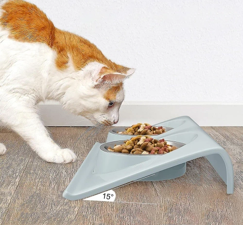 JDW-024-BLU | Un set di ciotole per cane o gatto | Ciotole doppie in metallo con supporto | Ciotole in acciaio per cibo e acqua