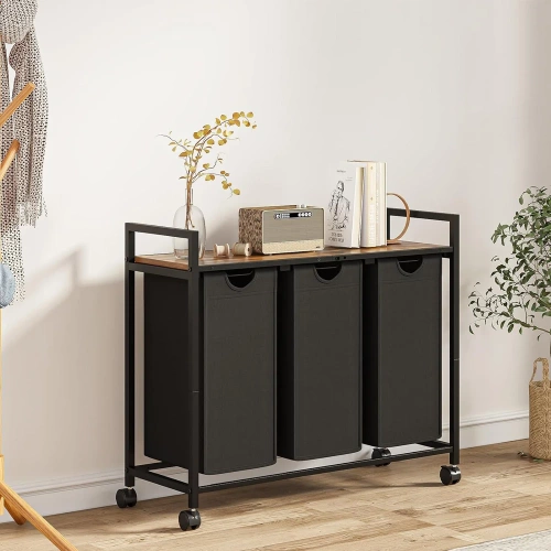 MZ-B30-NEGRO | Cesto para la ropa sucia con estante | Cesto para la ropa sucia de tres compartimentos | Cesto para la ropa sucia con ruedas