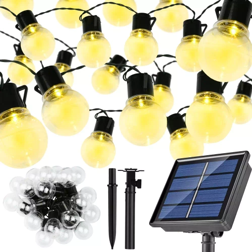 SDC-20LED-5M | Lichterkette Außen Solar, 20 LEDs 5M Solar Lichterkette Glühbirnen Aussen IP44 Wasserdicht, 8 Modus Solarlichterkette für Garten, Hochzeit, Balkon, Haus, Weihnachten Deko (Warmweiß)