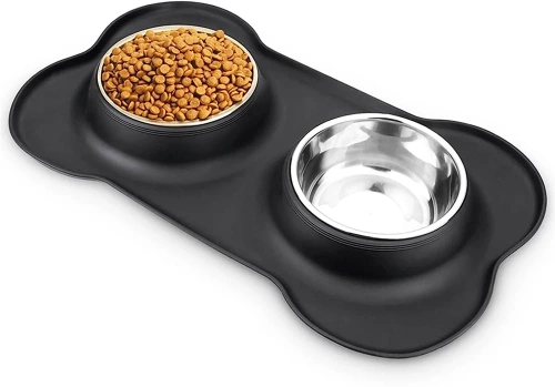 SBL-292-PRETO | Tigela dupla para animais de estimação | Tigela com almofada antiderrapante de silicone | Conjunto de duas tigelas de metal