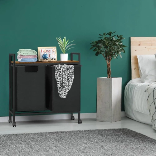 MZ-B20-NOIR | Panier à linge avec étagère | Panier à linge à deux compartiments | Panier à linge à roulettes