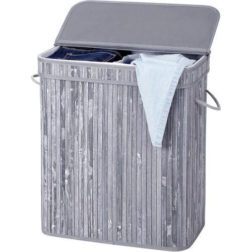 RYL-100L-GRY | Coș de rufe gri | Recipient de jucării din bambus | Coș de haine din lemn | Cos de rufe cu doua compartimente pentru baie