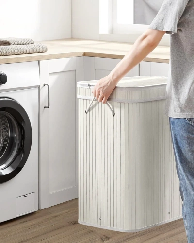 RYL-100L | Cesto per la biancheria bianco | Contenitore per giocattoli in bambù | Cesto porta abiti in legno | Portabiancheria a due scomparti per il bagno