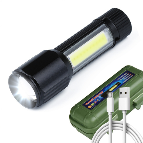 TL-502 | Lille aluminium XPE Q5 CREE + COB LED taktisk lommelygte | zoomfunktion, indbygget batteri, micro USB, etui | 800lm, 3 lystilstande