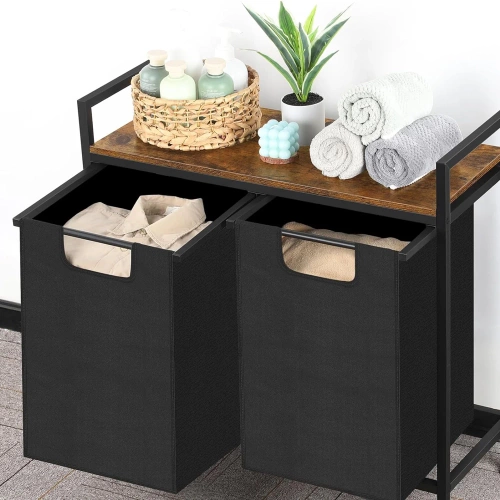MZ-B20-BLACK | Laundry basket with shelf | Two-compartment laundry basket | Laundry basket with wheels