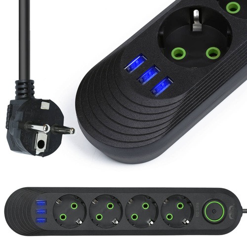 LH-F04U | Stekkerdoos 3m | 4 stopcontacten + 3x USB | zwart