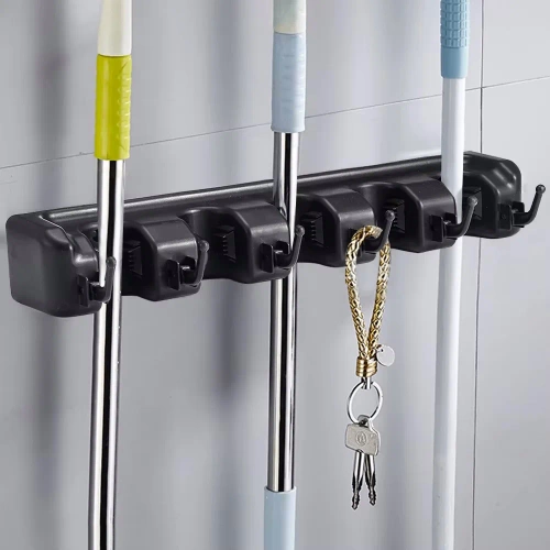 Soporte para fregonas, rastrillos y cepillos con ganchos | 5 plazas + ganchos | SL-005H