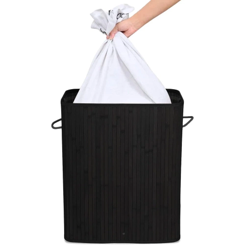 ZYL-100L-NERO | Cesto per la biancheria nero | Contenitore per giocattoli in bambù | Cesto porta abiti in legno | Portabiancheria a due scomparti per il bagno