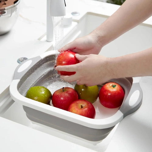 ZXS-398-GRIS | Cuenco plegable con desagüe | Cuenco de camping | Cuenco con tabla de cortar