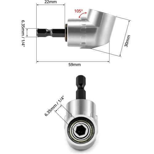 DLS-105-PRATA | Adaptador angular para pontas de 1/4" | Soquete para chave de fenda