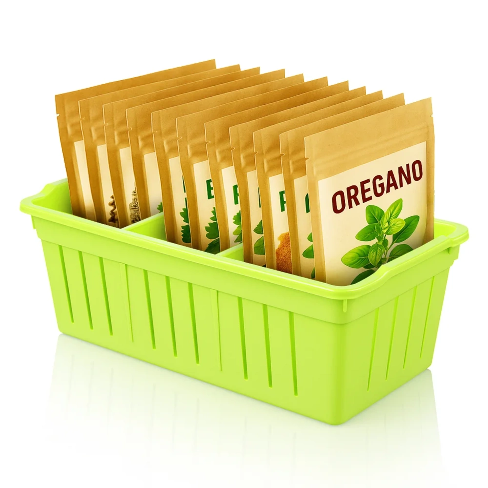 Зелен органайзер, пълен с пакетчета подправки като риган