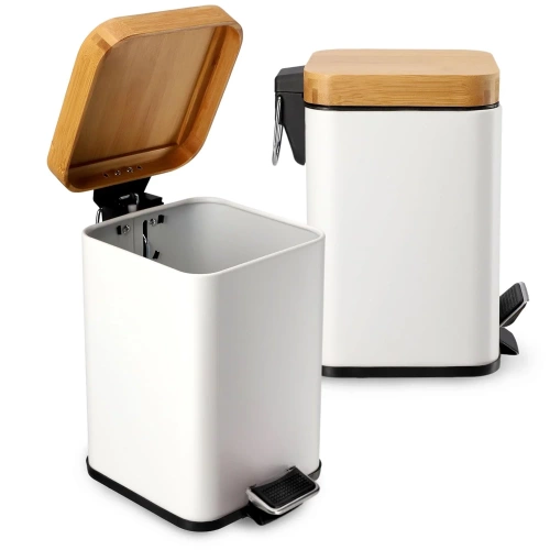 GY-TF5L | Bathroom waste bin | square, bamboo cover, pedal | 5 liters, white