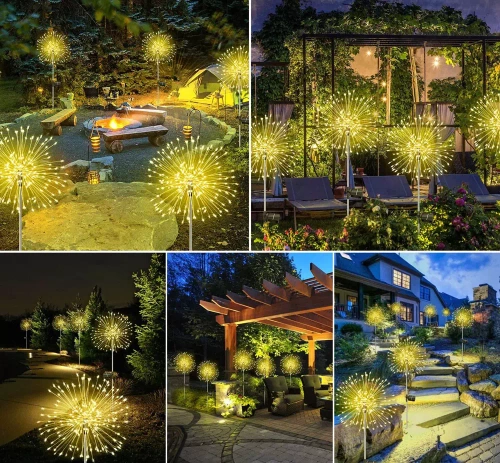 LFW-B200-Cálido | Lámpara solar de fuegos artificiales LED para jardín | 84 cm, 600 mAh, 200 LED