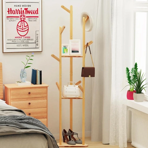 BYY-502-YW | Clothes rack with shelves | light bamboo