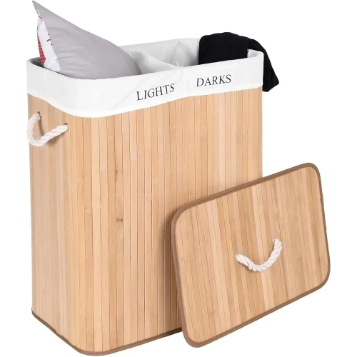 ZYL-100L-LIBR | Cesto de roupa suja natural | Recipiente de brinquedo de bambu | Cesto de roupa em madeira | Cesto de roupa suja com dois compartimentos para banheiro