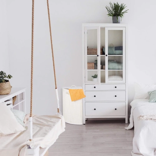 AYL-60L-WHITE | White laundry basket | Bamboo toy box | Wooden clothes basket | Single-chamber bathroom laundry basket | Corner basket