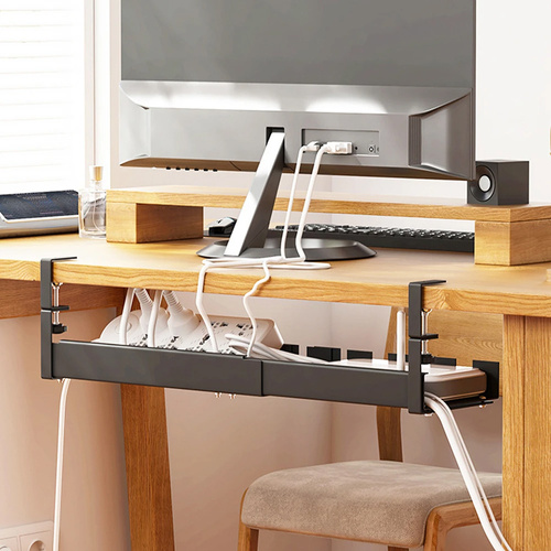 CWT-O3 | Nastavitelný organizér na kabely pod desku stolu 29-53 cm | Koš, vodítko, rukojeť | Černá