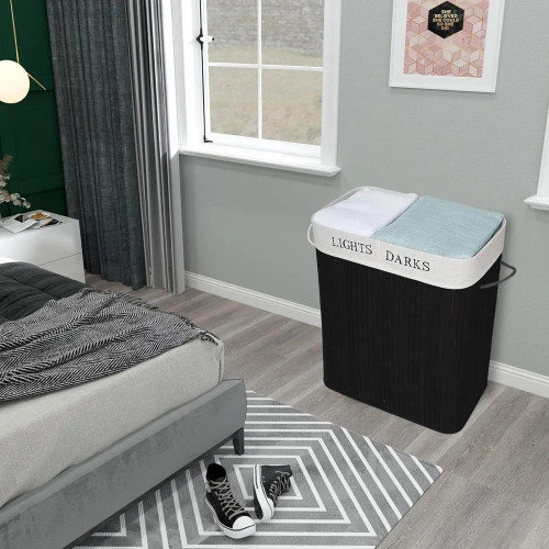 ZYL-100L-NEGRO | Cesta de lavandería negra | Contenedor de juguetes de bambú | Cesta de ropa de madera | Cesto de ropa sucia de dos compartimentos para el baño.