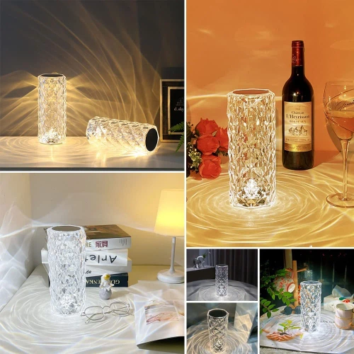 RPL-C16-RVB | Lampe de table LED en cristal | motif rose | 16 couleurs RVB, écran tactile, télécommande, câble USB-C, batterie 2000mah