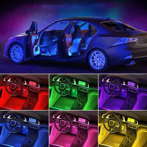 RGB LED bil indvendig belysning via USB | Bluetooth-forbindelse med applikationen på telefonen | 4x LED strip 12 dioder 5050 22cm | IR fjernbetjening | musiktilstande