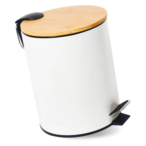 GY-TB5L | Bathroom waste bin | round, bamboo cover, pedal | 5 liters, white