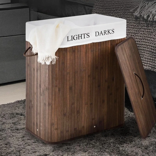 ZYL-100L-DABR | Cesta de lavandería marrón | Contenedor de juguetes de bambú | Cesta de ropa de madera | Cesto de ropa sucia de dos compartimentos para el baño.