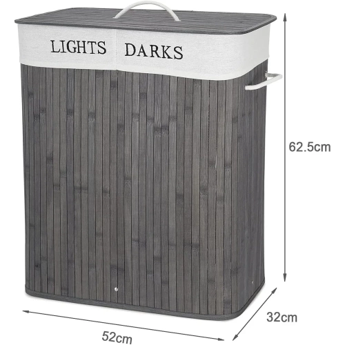 ZYL-100L-GRIS | Panier à linge gris | Conteneur de jouets en bambou | Panier à vêtements en bois | Panier à linge à deux compartiments pour la salle de bain