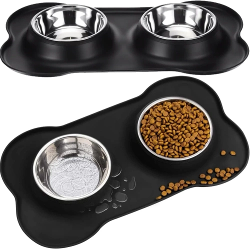 SBL-292-BLACK | Double pet bowl | Bowl with silicone anti-slip pad | Set of two metal bowls