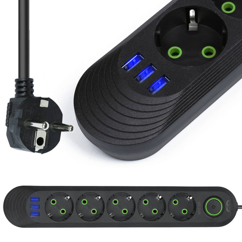 LH-F05U | Power strip 5 m | 5 sockets + 3x USB | black