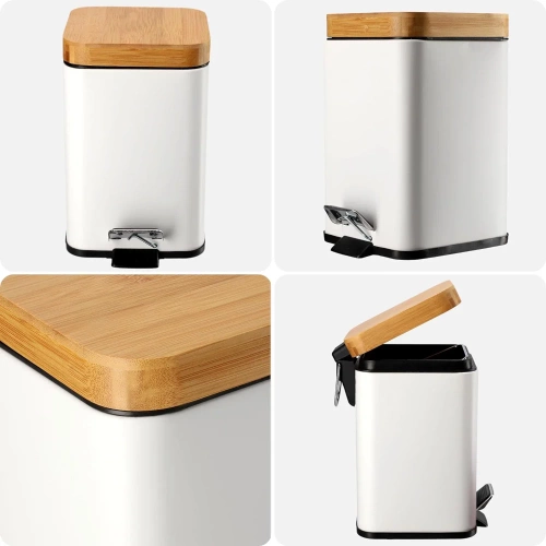 GY-TF5L | Papelera de baño | cuadrado, cubierta de bambú, pedal | 5 litros, blanco