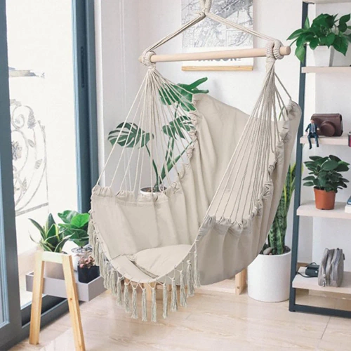 ZY-V004 | Chaise suspendue, chaise brésilienne, hamac, balançoire | deux oreillers, bandeau en bois | jusqu'à 120 kg | beige