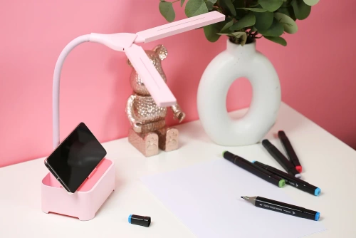 TDL-126-ROSA | Candeeiro de mesa infantil | Lâmpada LED com organizador e suporte para telefone | Uma luminária de mesa com capacidade de mudar a cor da luz