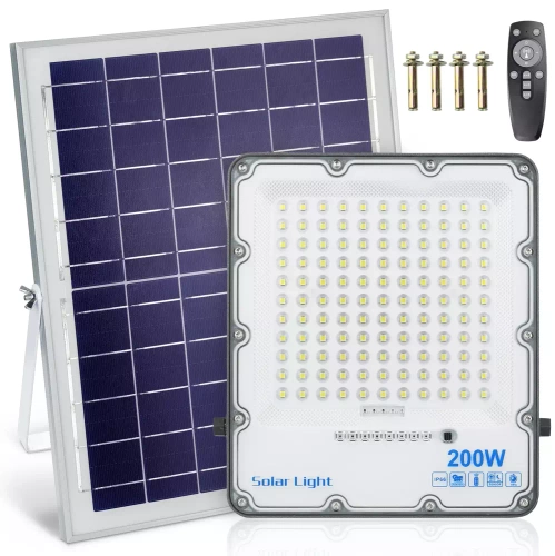 Sæt 200W LED projektør + 6V/12W solpanel med fjernbetjening | 3500lm, 9000mAh, IP66