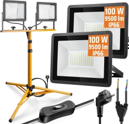 200W 19000lm 4 in 1 lighting kit | 2x 100W halogen floodlight with 1.6m work stand, 3m cable and rocker switch